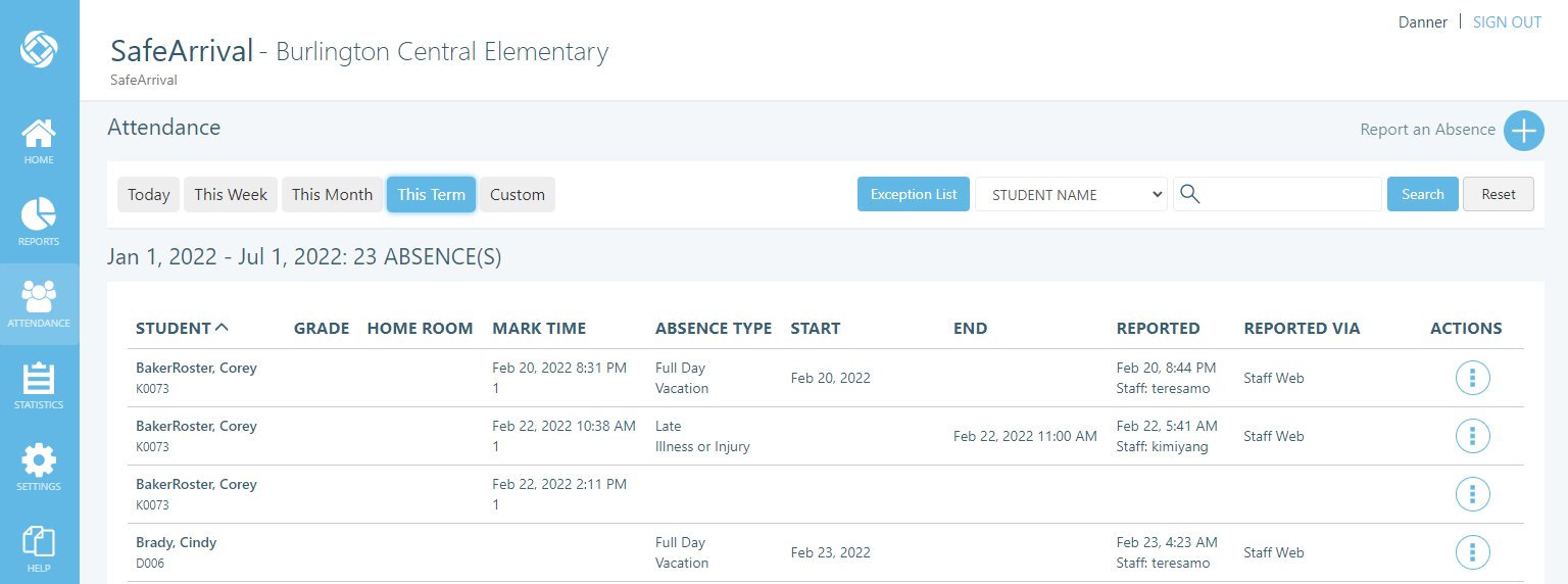 Attendance page