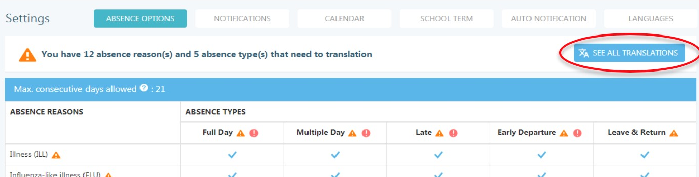 Absence Options tab - SEE ALL TRANSLATIONS option