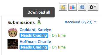 Click Download all to download a bulk .zip file of all submissions to an assignment.