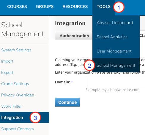 School Management Integration menu with School Management menu displayed.