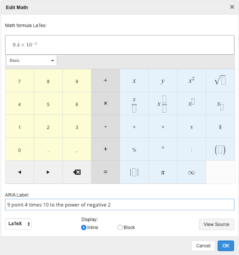 Example of how to type a math problem for the text-to-speech screen reader.