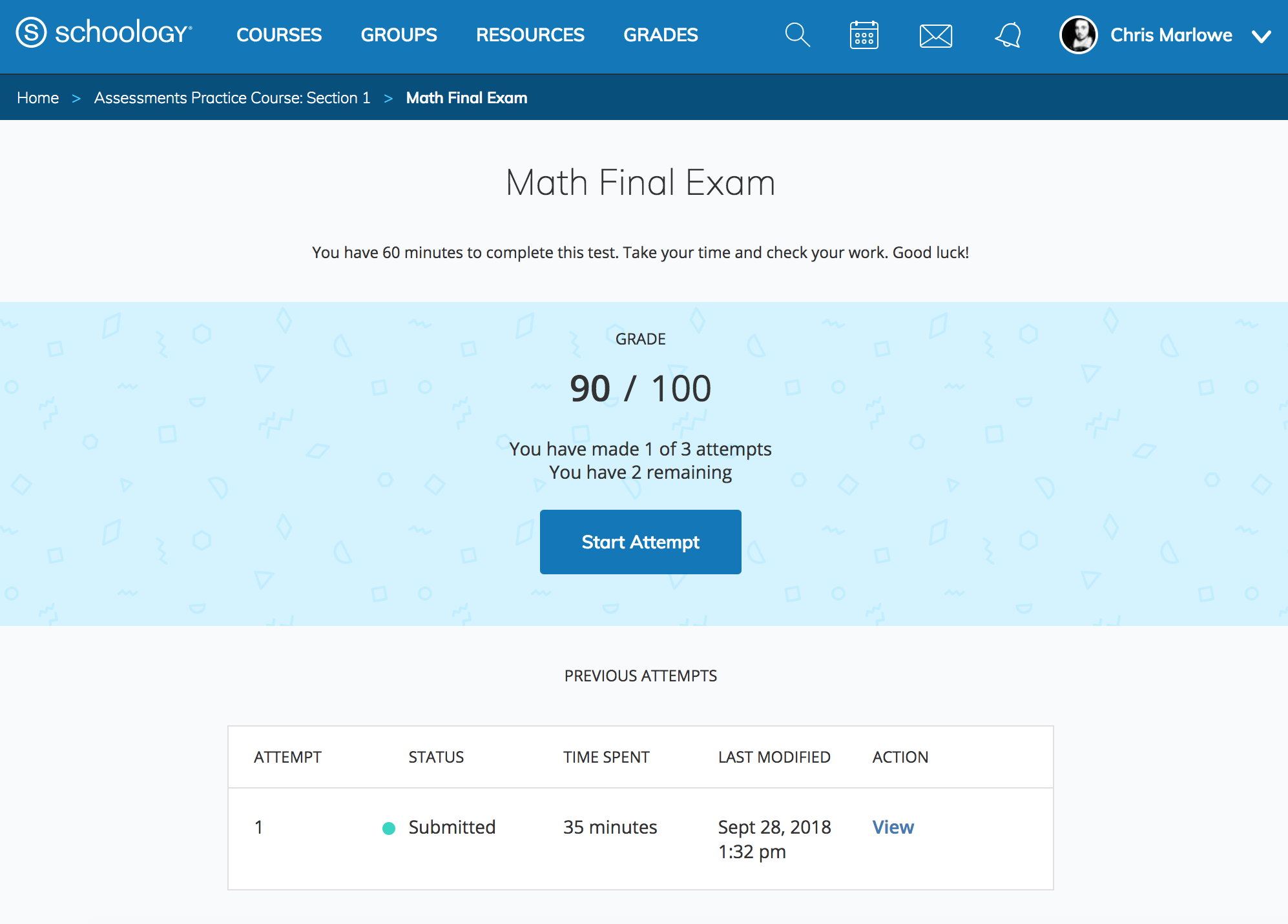 Access your Assessment grade and additional attempts.