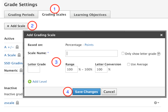 Grade Settings page with Grade Scales tab selected.