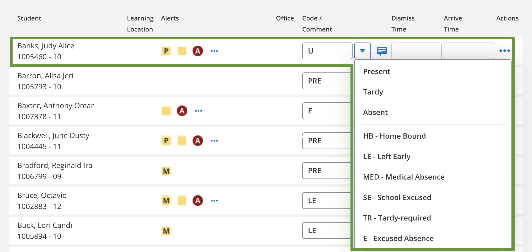 Attendance code menu next to the Code field on the Attendance Entry page.