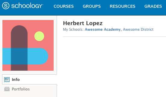 Image of a Teacher account at the organization level displays only the organization name. 