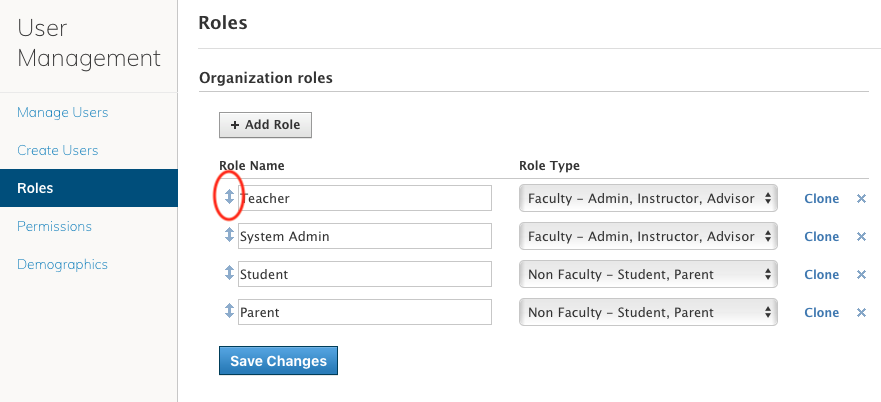 Reorder Role page with the reorder icon highlighted. 