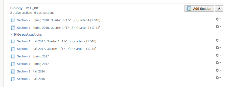 Sections setup with course codes.