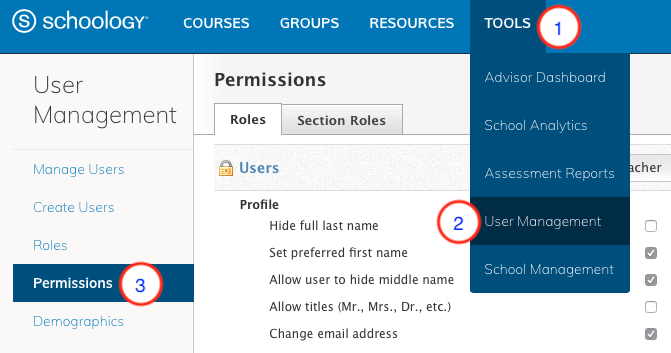 View Courses Permission with Administration Settings highlighted. 