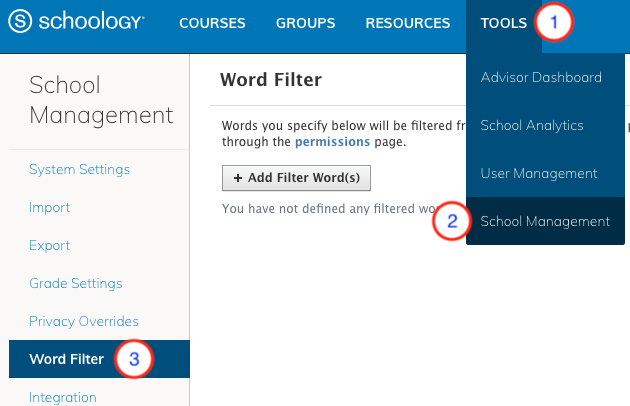 School Management page with Word Filter selected.