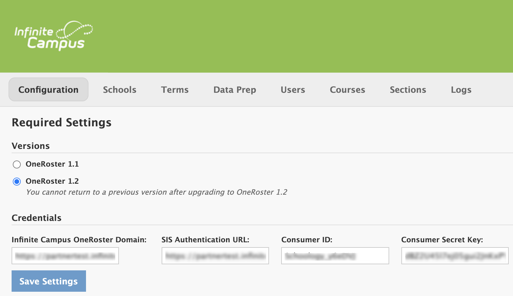 Infinite Campus with OneRoster settings displayed.