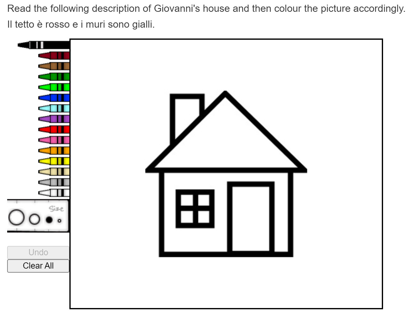 A drawing of a house with an Italian statement and instructions to color the house accordingly