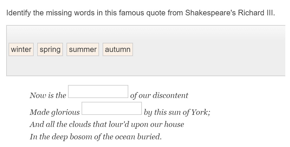 A Shakespearean passage with instructions to drag and drop missing words into the correct place