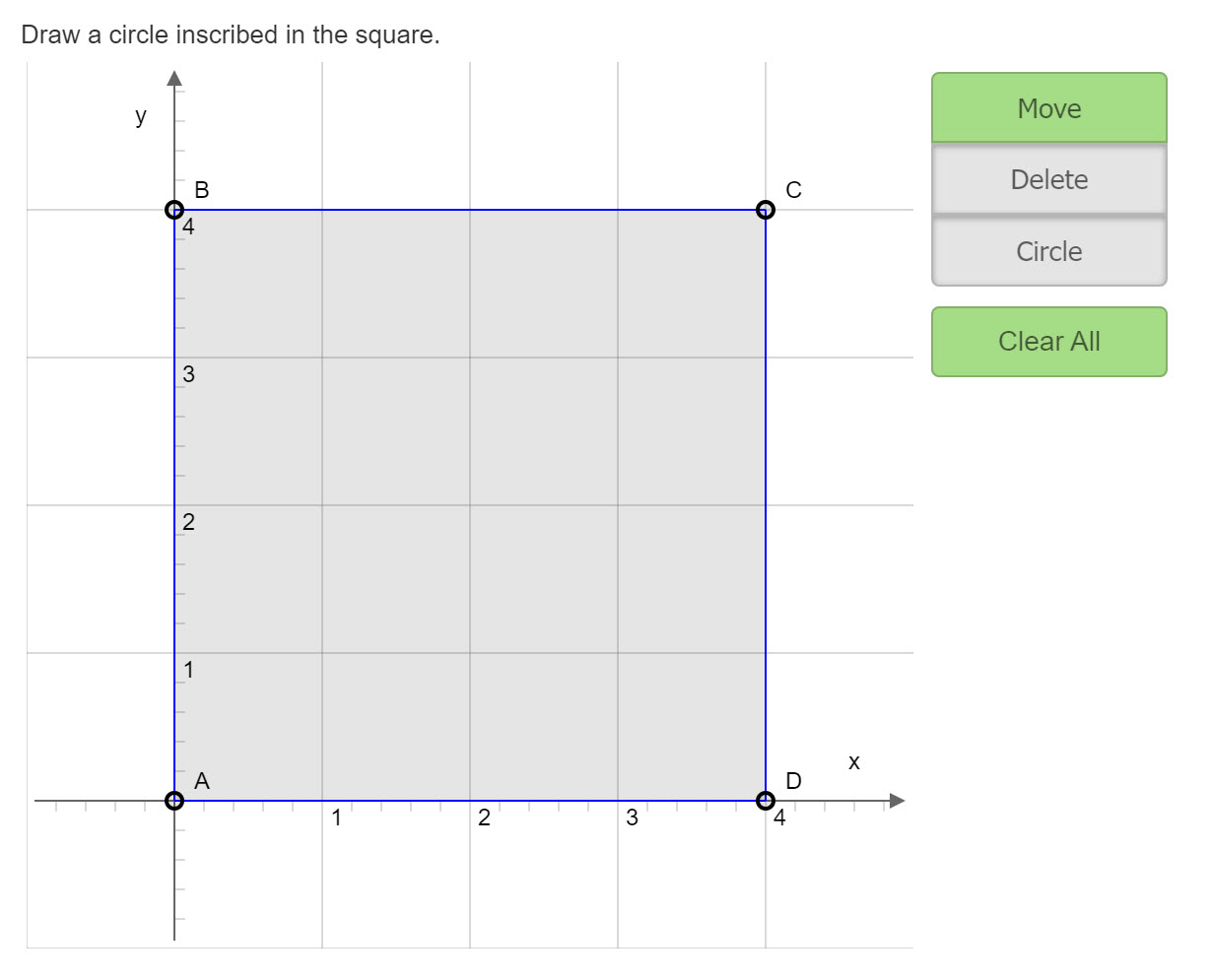 A graph with instructions to draw a circle inscribed in a square and buttons for drawing control