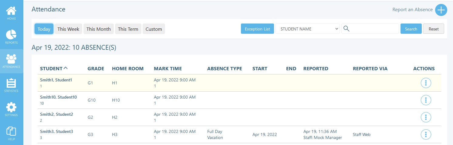 Attendance page with an Exception list