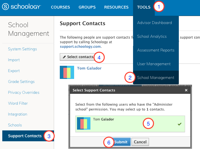 School Management page with click path defined.