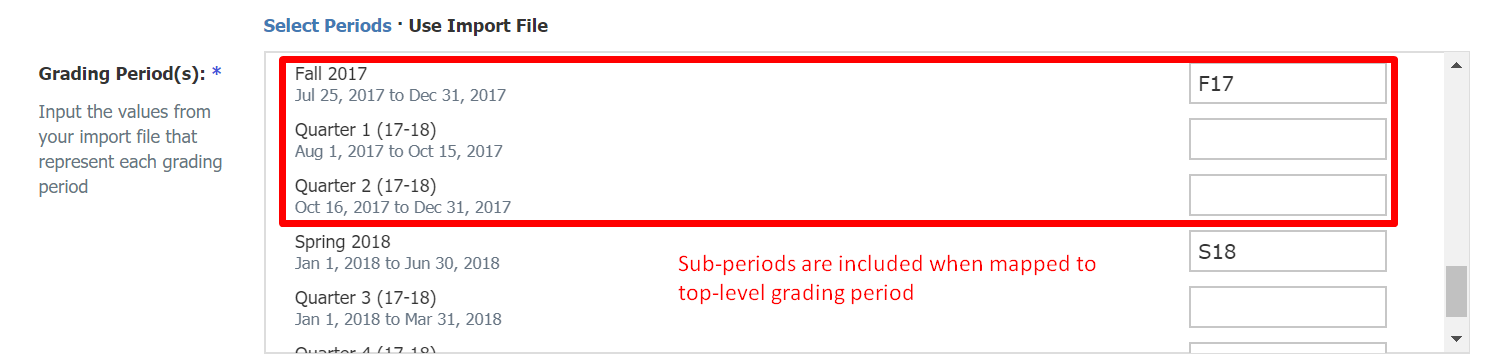 Import screen with example data listed.