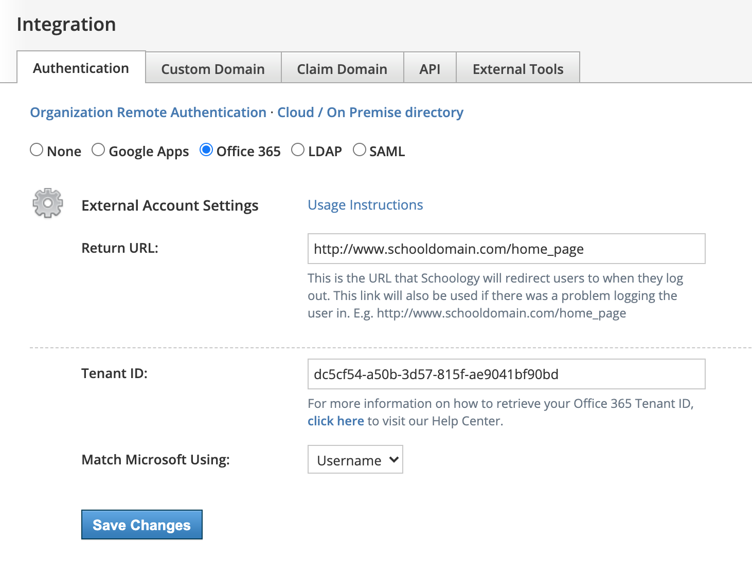 Integrations page with the Authentication tab displaying sample values. 