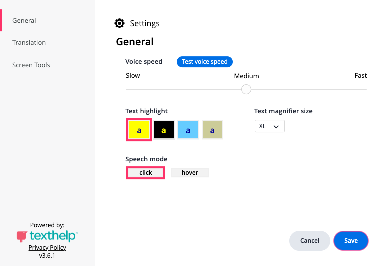 Speech settings for voice speed, text highlight color, and speech mode.