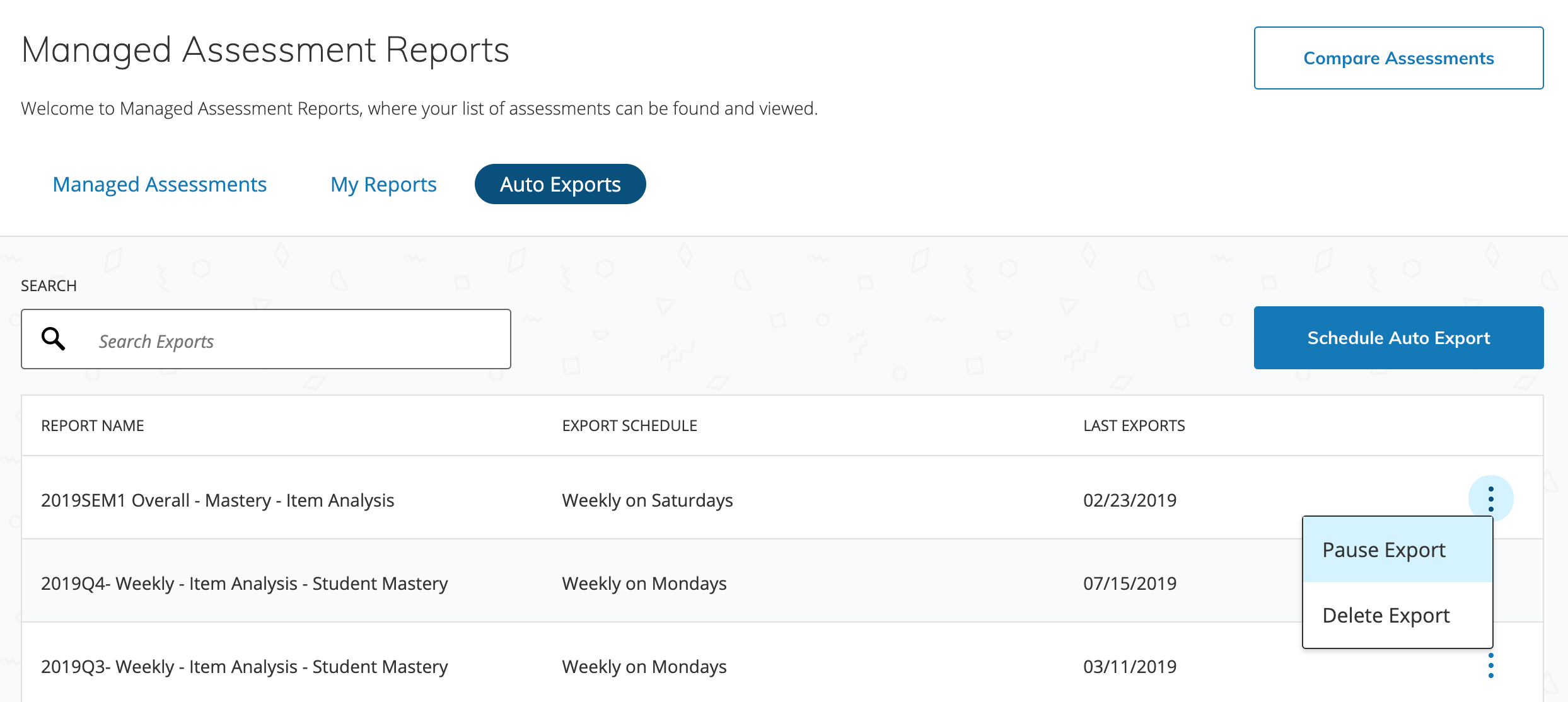 Export Schedule on the Managed Assessment Reports page.