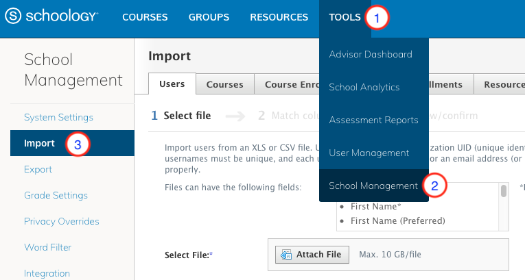 Import Area with navigation links displayed.