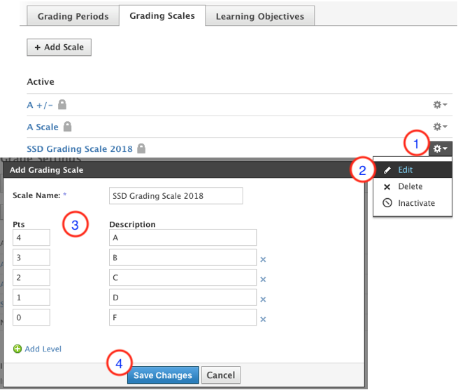 Grading Scales tab with edit details displayed.