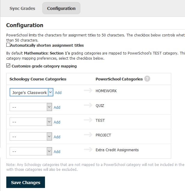 PowerTeacher Pro and Schoology Category configuration.