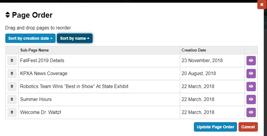 Page Order window