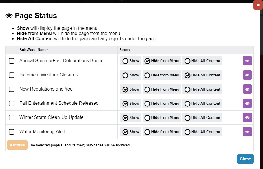 Page Status window