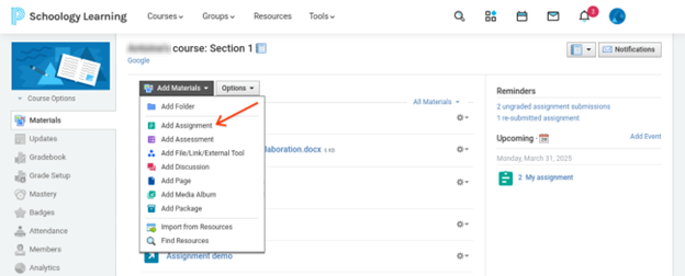 Add Assignments option from the Add Materials list in a course section