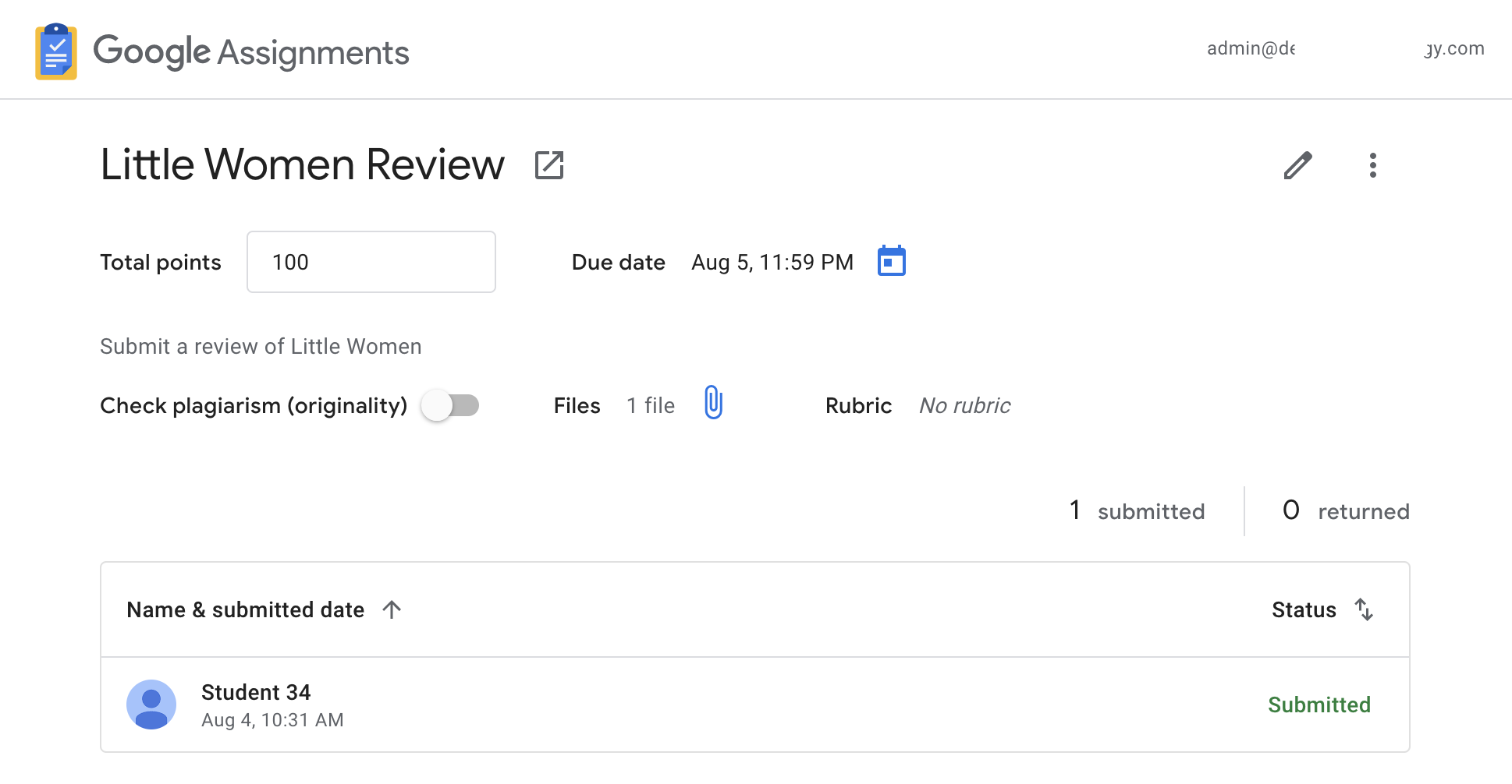 Instructor view of an assignment with settings and student submissions list