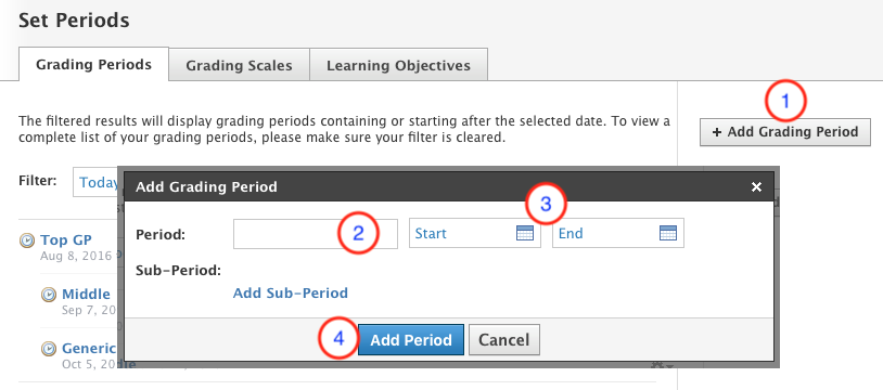 Set Periods page with Add Grading Period highlighted.