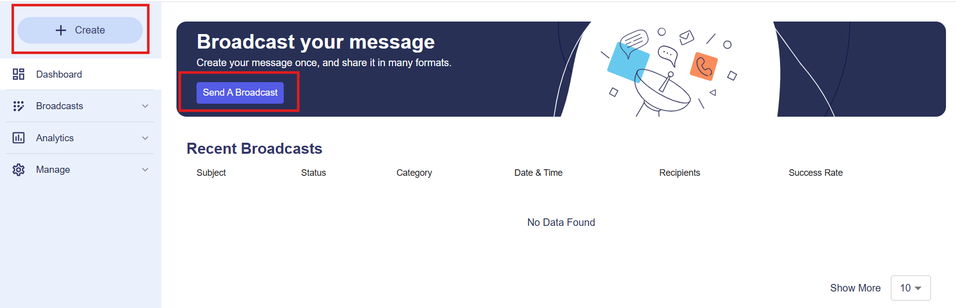 Shows the redesigned SchoolMessenger Dashboard interface with red squares to highlight the 'Create' and 'Send a broadcast' buttons.