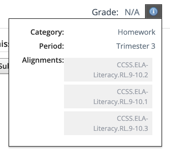 The assignment profile is displayed with the Info icon and assignment details, including category, period, and standard or learning objective alignments.