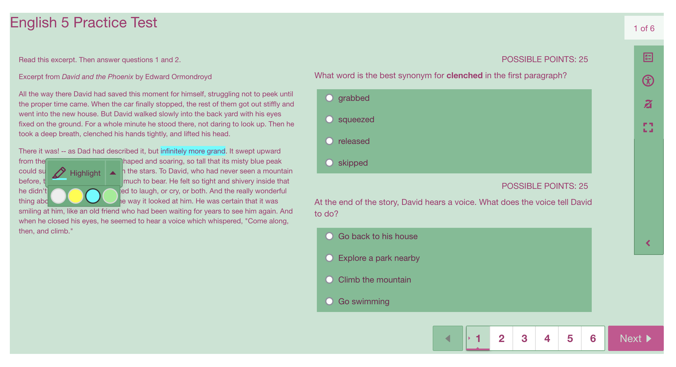 Color scheme option applied to an assessment