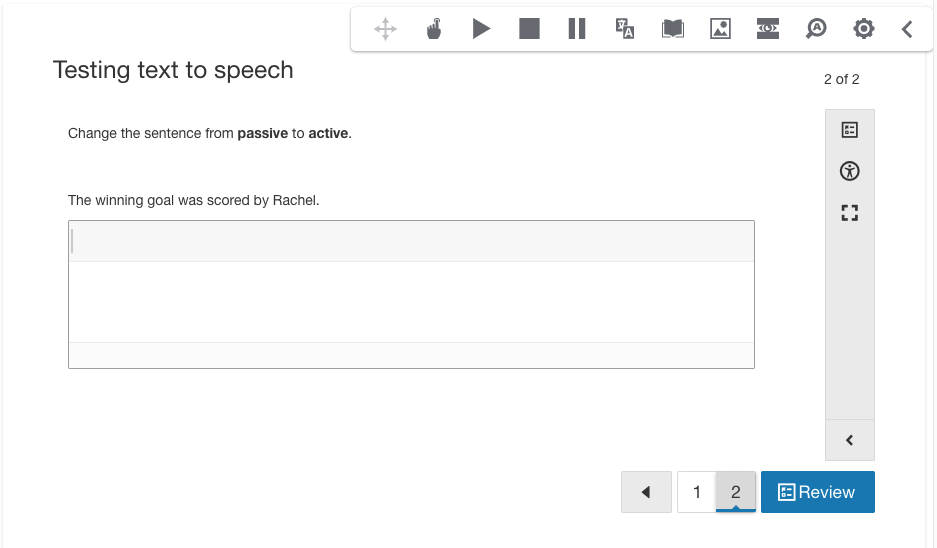 Text-to-speech functionality showing the toolbar expanded by default.