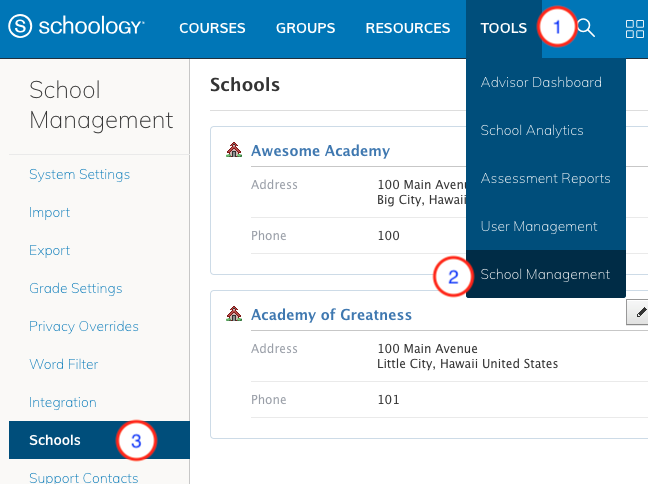 Schools Management Schools page navigation.