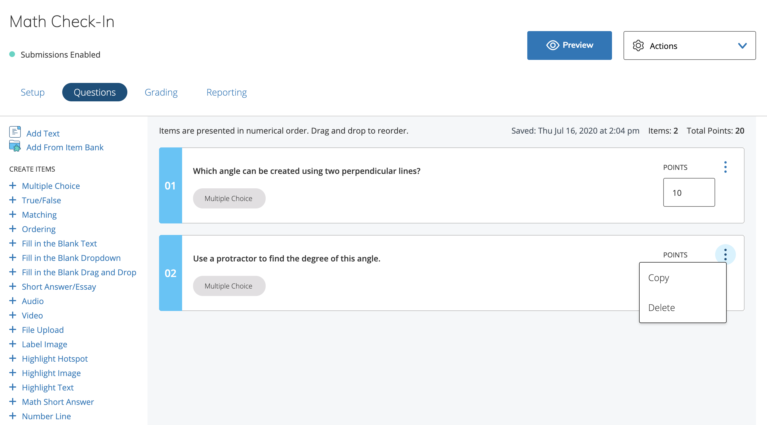 Questions section of an assessment displaying the More options