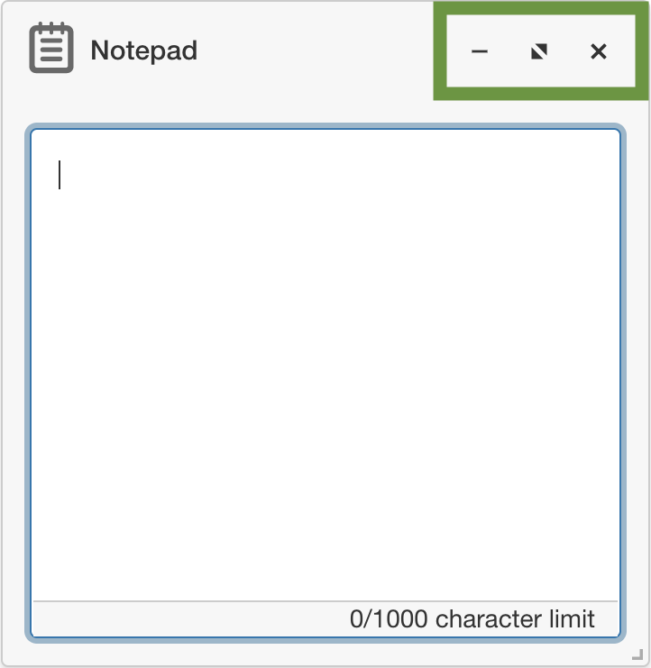 Notepad with options ot minimize, maximize, and exit the notepad highlighted