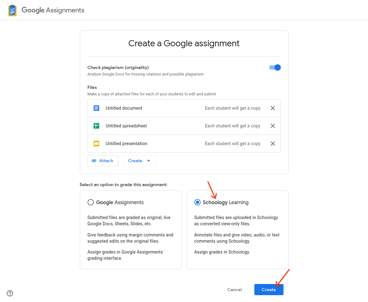 Assignment settings in Google with options to check plagiarism, upload files, and set grading