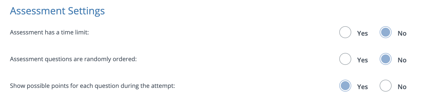 The Assessment settings with yes or no options for each