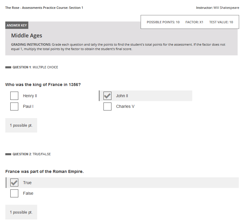 Printed answer key showing correct responses for each assessment question