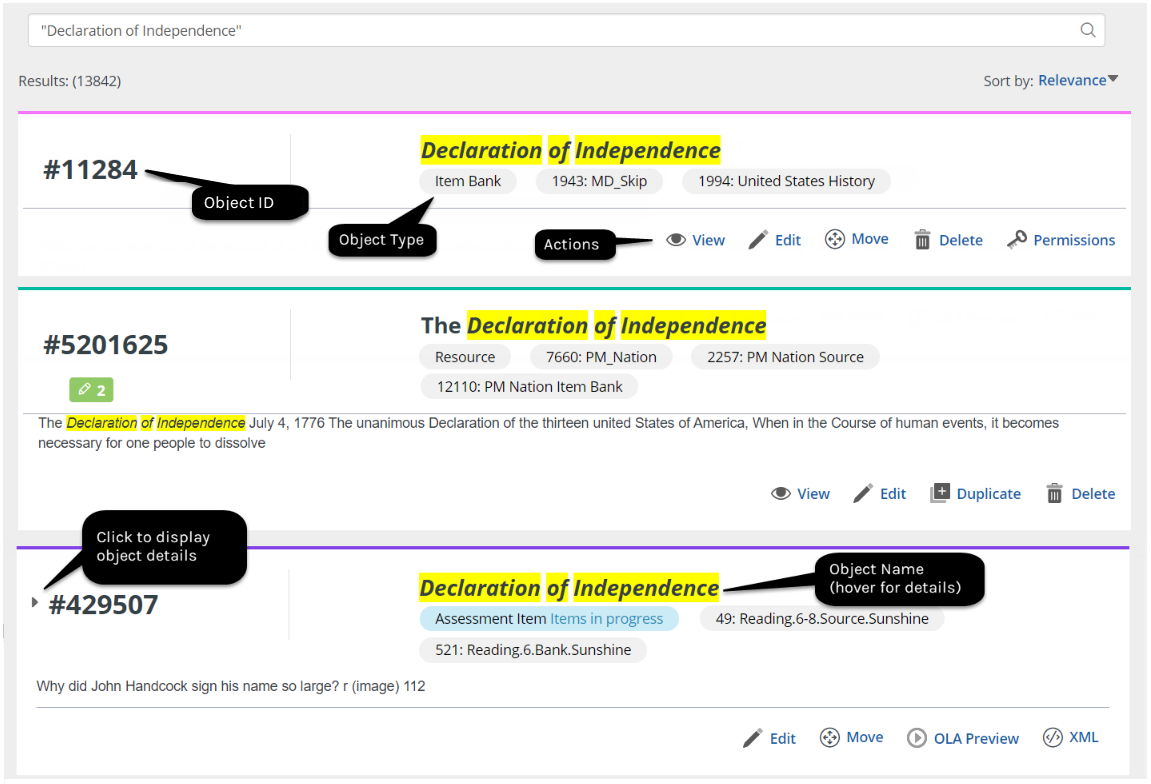 An image depicts a list of of search results with the Object ID, Object Type, available actions, the Object Name, and expand icon to display object details.