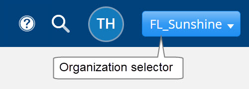 Organization selector menu located next to user initials