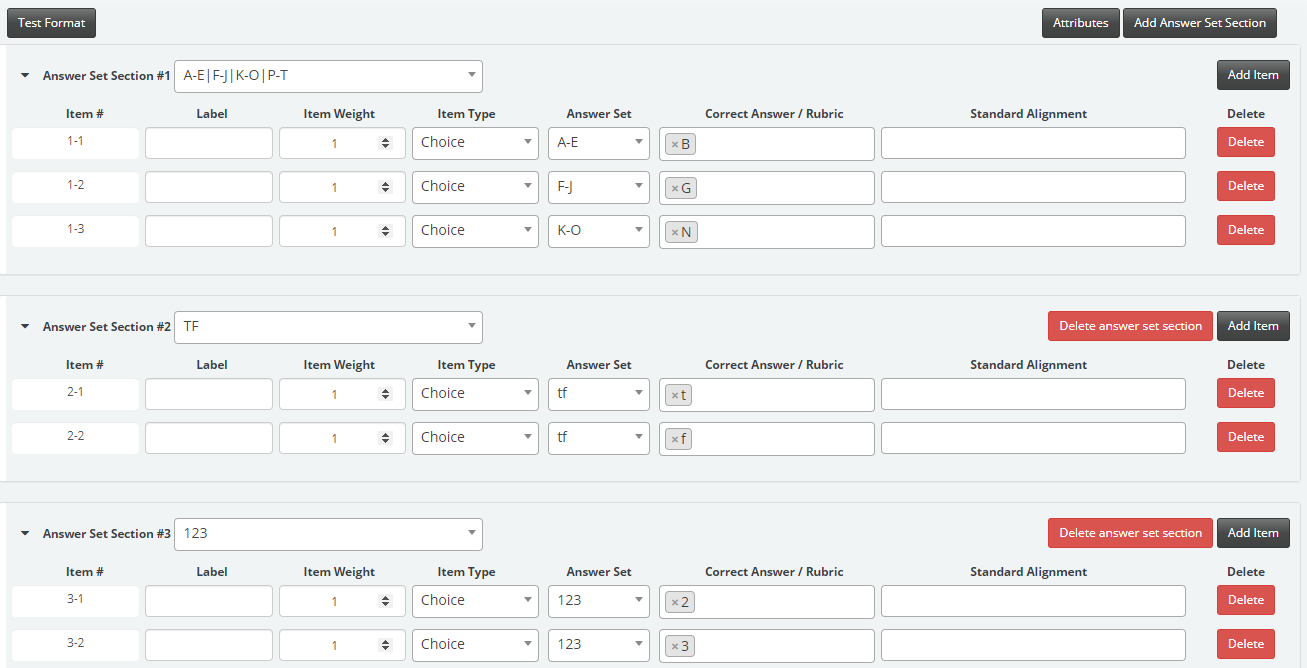 An Answer Key Only test example that includes multiple answer set sections.