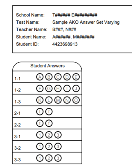 A corresponding student answer sheet displays the various answer options that match each answer set. 
