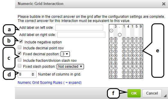 screenshot of the numeric grid configuration