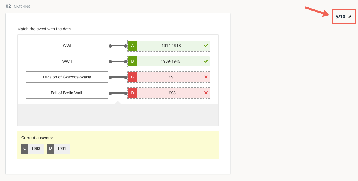 An example of Automatic scoring for a Matching question with Partial Match scoring enabled.