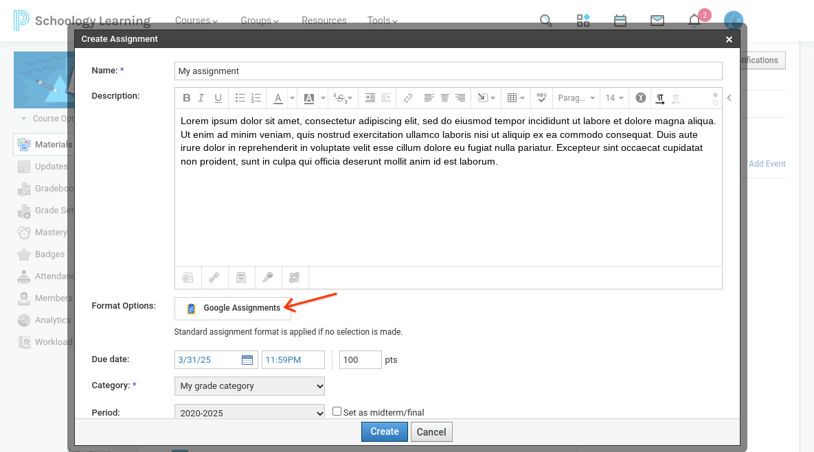 Create Assignment modal with options to enter details and select Google Assignments as a format option