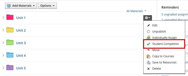 Student Completion setting for Student Completion rules.
