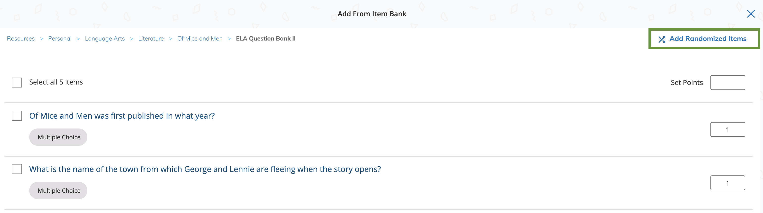 Add From Item Bank page with the Add Randomized Items option highlighted.